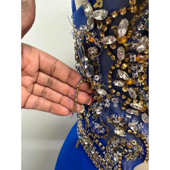 Royal Blue Sleeveless Halter Prom Dress With Beaded Bodice & Sheer Back Detail - Picture 11 of 12